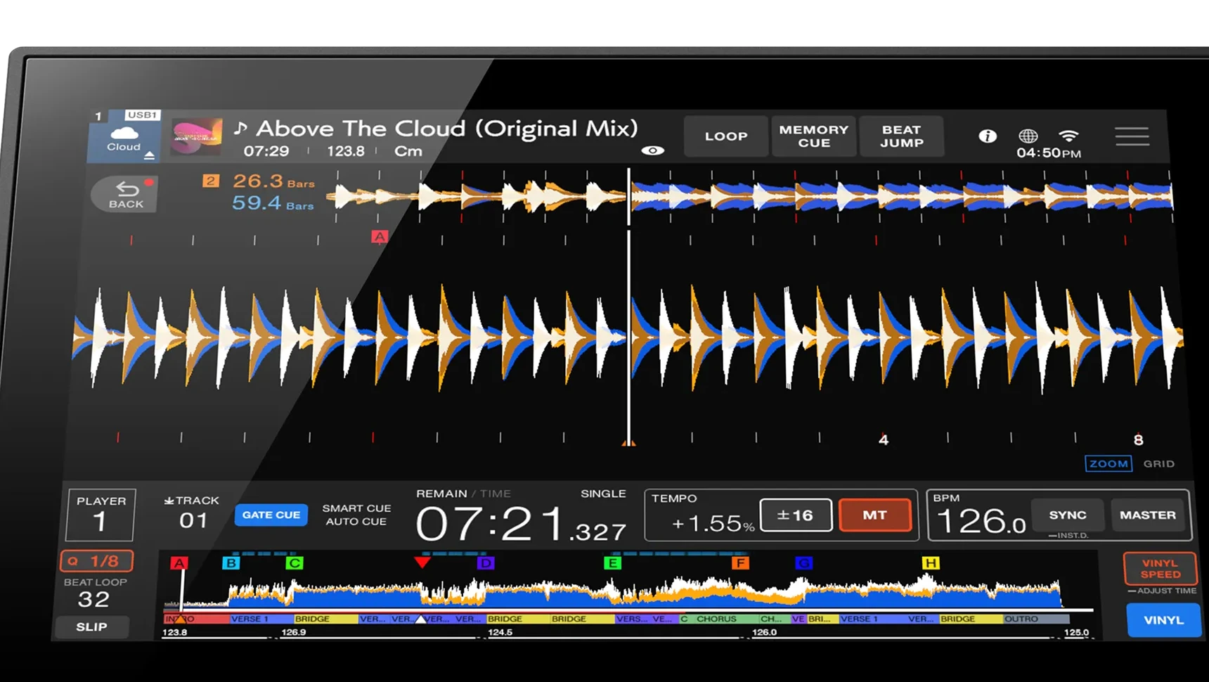 AlphaTheta CDJ-1500X 10.1-inch touchscreen close-up showing waveform, vocal markers, and phrase-structure overlays