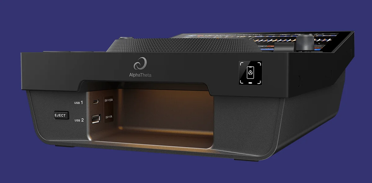 AlphaTheta CDJ-1500X front USB-A and USB-C port bay with colored LED underglow