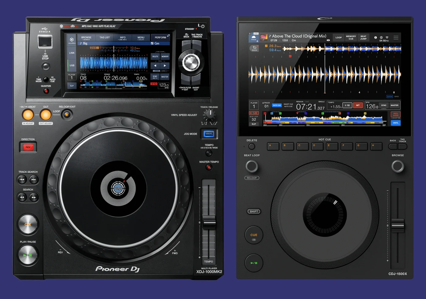 AlphaTheta CDJ-1500X side by side with the outgoing Pioneer XDJ-1000MK2, showing the screen size and interface generation gap