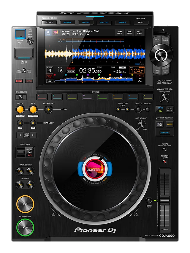 Pioneer DJ CDJ-3000 top panel straight-on view showing 9-inch touchscreen, hot cue buttons, jog wheel and tempo slider